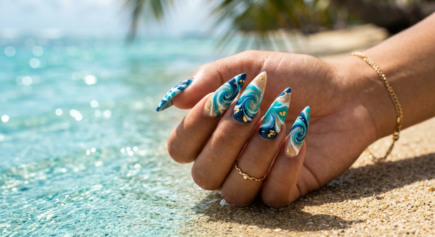 A beautiful macro photograph of one hand showing long stiletto nails in detail, featuring a fluid, wavy water-marble tie-dye pattern mimicking ocean waves in deep navy blue, vibrant turquoise, crisp white, and sandy tan, with tiny gold foil flakes embedded in a glossy top coat. High-resolution, sharp focus on the nails, set against an aesthetic background of blurred sparkling tropical ocean water and sunlit beach sand. Modern, Instagram-worthy photography style, no faces visible, focus ONLY on the nails and hand., macro nail photography, high quality, Instagram-worthy, clean composition