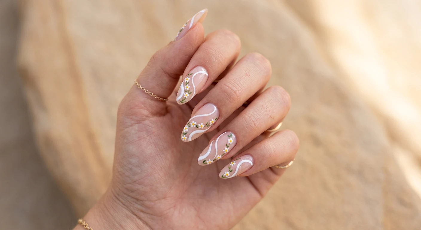 A beautiful macro photograph of one hand showing long elegant nails in detail, featuring a bare negative space base decorated with fluid white swirls and delicate painted daisy chains. High-resolution, sharp focus on the nails. Aesthetic minimalist background of smooth beige sandstone and soft, diffused studio lighting. Modern, Instagram-worthy photography style, no faces visible, focus ONLY on the nails and hand., macro nail photography, high quality, Instagram-worthy, clean composition