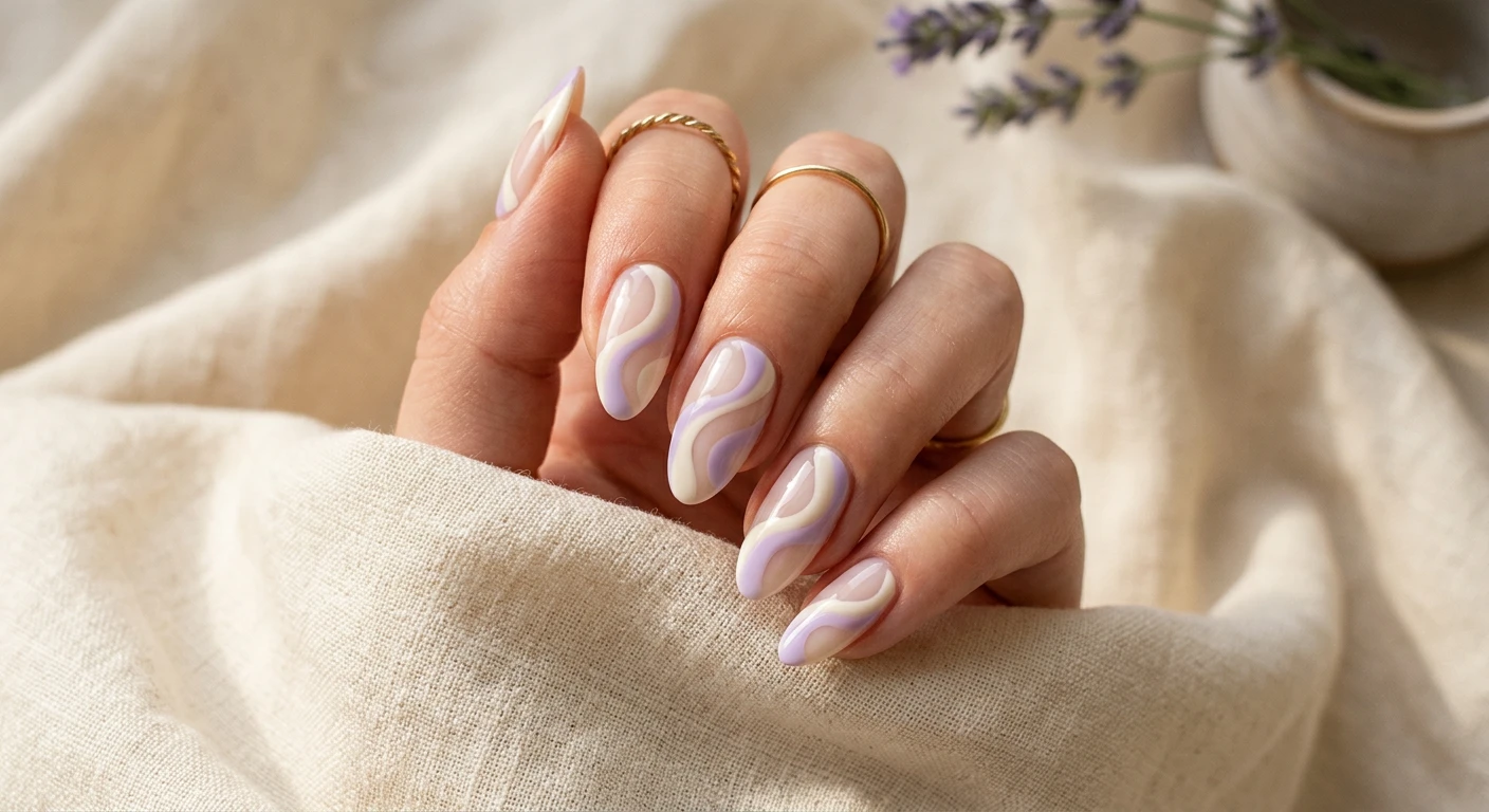 A beautiful macro photograph of one hand showing lavender and cream swirl nails in detail, featuring retro-inspired, smooth abstract waves of creamy off-white and pale lavender intersecting gracefully over a sheer base. High-resolution, sharp focus on the nails. Aesthetic background of draped, softly textured cream-colored linen. Modern, Instagram-worthy photography style, warm studio lighting. No faces visible, focus ONLY on the nails and hand., macro nail photography, high quality, Instagram-worthy, clean composition