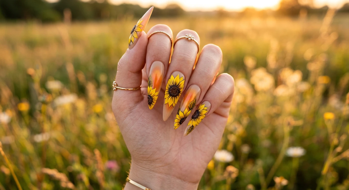 A beautiful macro photograph of one hand showing long stiletto-shaped nails in detail. The nails start with a warm sand base featuring a glowing, diffused aura airbrush effect in sunset orange and warm gold in the center, dramatically topped with vivid, highly opaque yellow sunflowers featuring heavily textured espresso-brown centers. High-resolution, sharp focus on the nails. Aesthetic background of a warm, blurred golden hour light over a glowing summer field. Modern, Instagram-worthy photography style. No faces visible, focus ONLY on the nails and hand., macro nail photography, high quality, Instagram-worthy, clean composition