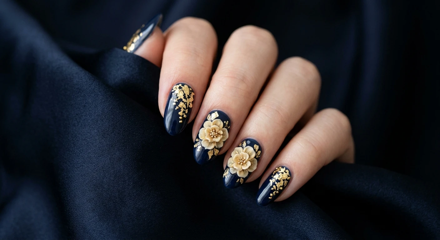 A beautiful macro photograph of one hand showing midnight navy nails adorned with cascading gold leaf and intricate 3D sculpted peonies. High-resolution, sharp focus on the nails. The hand rests gracefully against a dark, elegant silk background that complements the midnight theme. Modern, Instagram-worthy photography style, no faces visible, focus ONLY on the nails and hand., macro nail photography, high quality, Instagram-worthy, clean composition