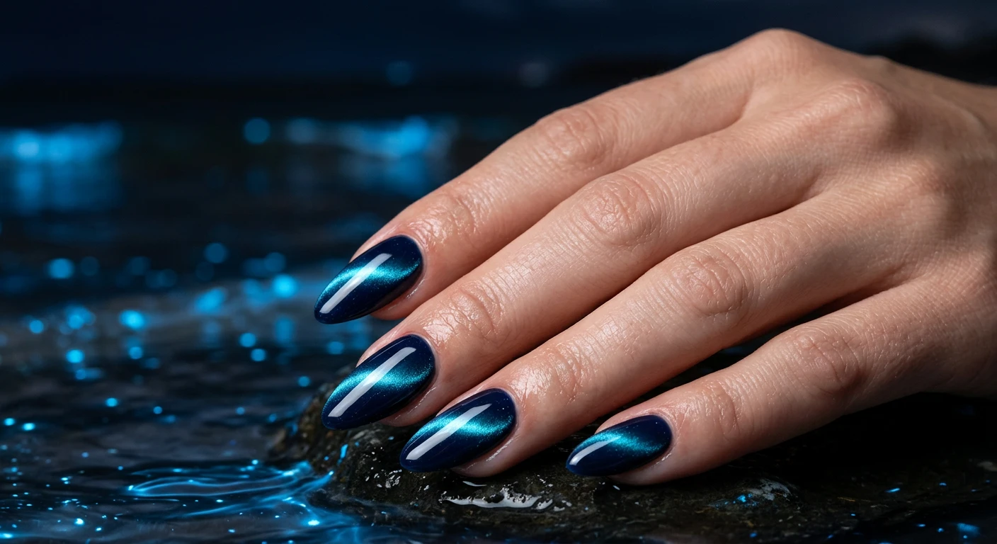 A beautiful macro photograph of one hand showing medium almond shape nails in detail. The design features a deep, almost-black navy blue base color with a sweeping, curved stripe of glowing aqua-blue magnetic polish that looks illuminated from within, finished with an ultra-glossy top coat. High-resolution, sharp focus on the nails. Aesthetic background featuring dark, moody water with subtle glowing bioluminescent blue ripples. Modern, Instagram-worthy photography style. No faces visible, focus ONLY on the nails and hand., macro nail photography, high quality, Instagram-worthy, clean composition