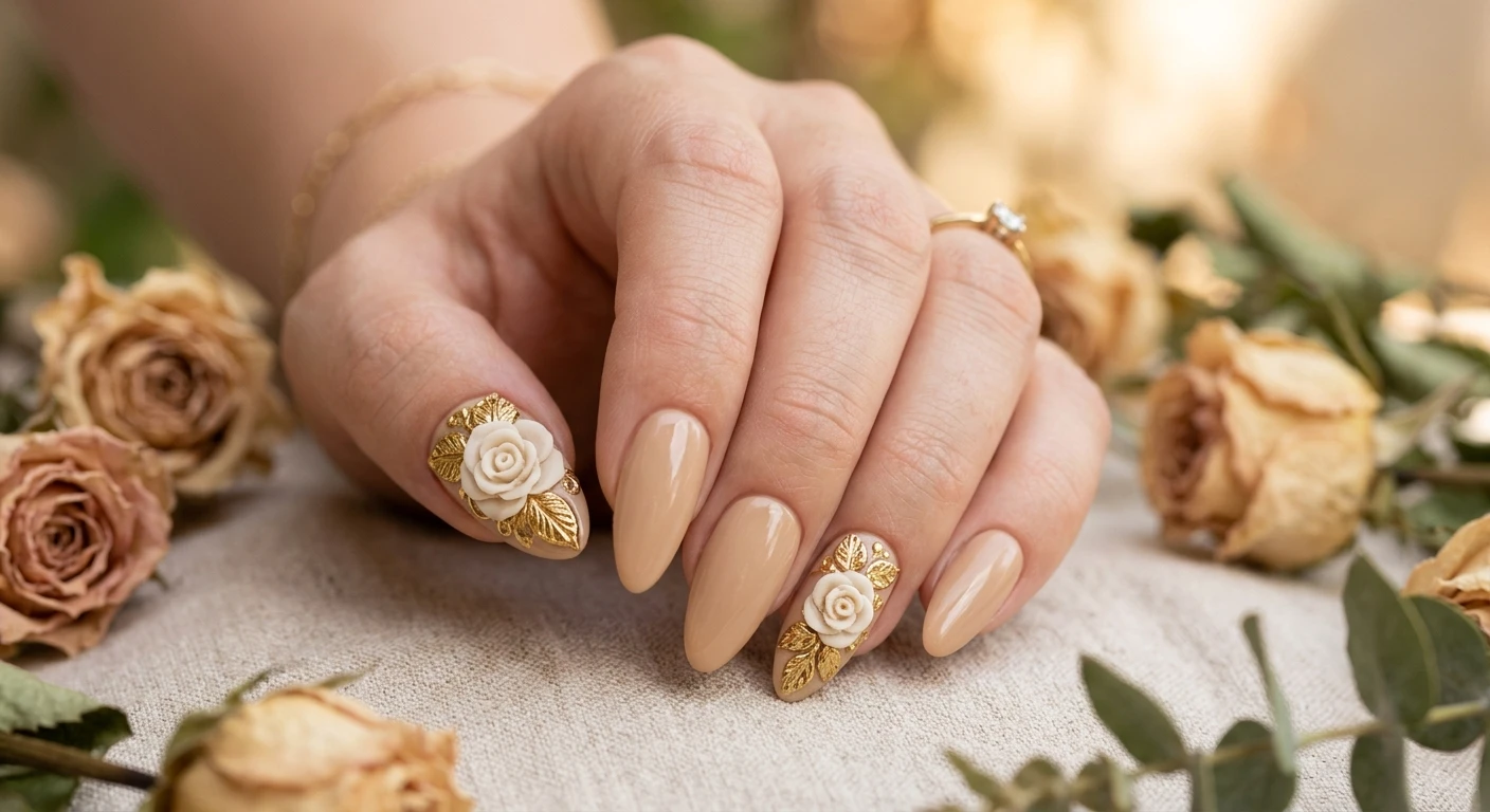 A beautiful macro photograph of one hand showing medium-length almond nails in detail. The design features a warm, opaque sand-beige gel polish base. The thumb and ring fingers are adorned with large, highly detailed 3D sculpted ivory roses, surrounded by textured, embossed gold chrome leaves. The background is an aesthetic, warm, soft-focus garden setting with beige tones related to a gilded rose theme. High-resolution, sharp focus on the nails, modern Instagram-worthy photography style, no faces visible, focus ONLY on the nails and hand., macro nail photography, high quality, Instagram-worthy, clean composition