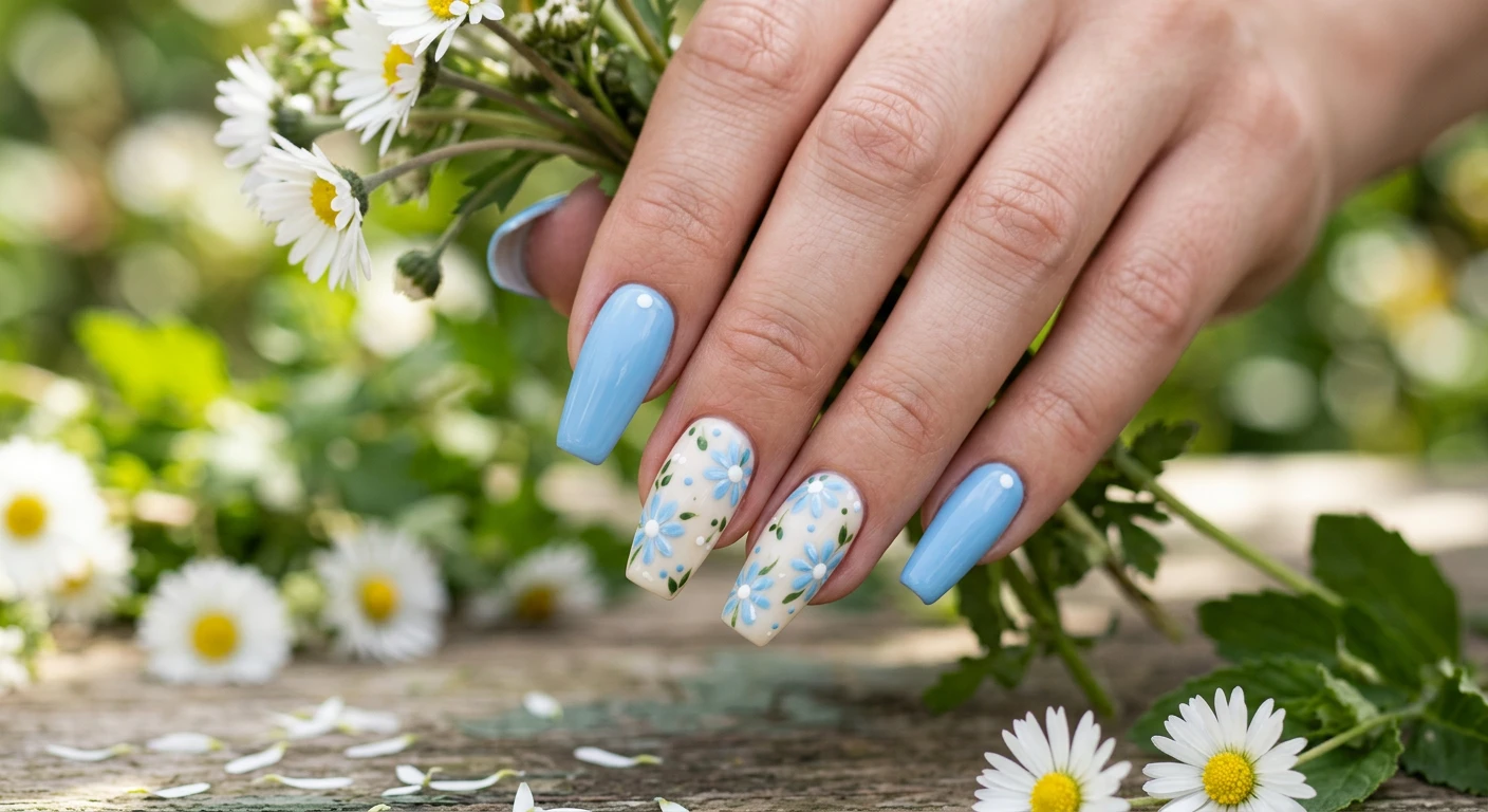 A beautiful macro photograph of one hand showing medium-length coffin-shaped nails in detail, no faces visible. The ring and middle fingers have an opaque cream base with delicate sky blue daisies and crisp white centers, while the surrounding nails are solid sky blue with a single tiny white dot at the cuticle. High-resolution, sharp focus on the nails. Modern, Instagram-worthy photography style set against an aesthetic background of softly blurred fresh spring greenery and scattered daisy petals., macro nail photography, high quality, Instagram-worthy, clean composition