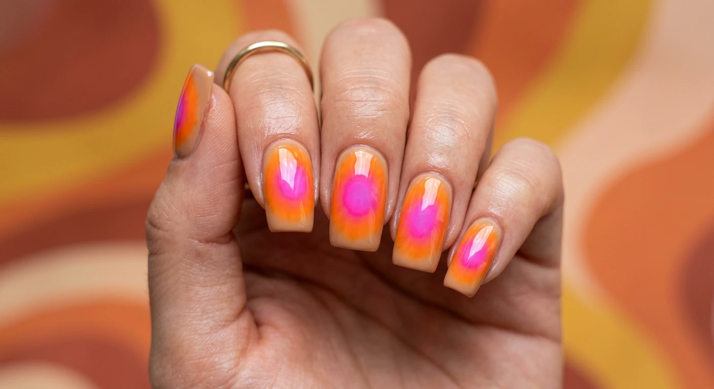 A beautiful macro photograph of one hand showing medium square-shaped nails in detail, featuring concentric aura tie-dye circles radiating outward with a bright magenta center melting seamlessly into a vibrant tangerine orange, surrounded by a soft beige perimeter and a shiny gel top coat. High-resolution, sharp focus on the nails, set against an aesthetic warm retro 70s-inspired gradient background. Modern, Instagram-worthy photography style, no faces visible, focus ONLY on the nails and hand., macro nail photography, high quality, Instagram-worthy, clean composition