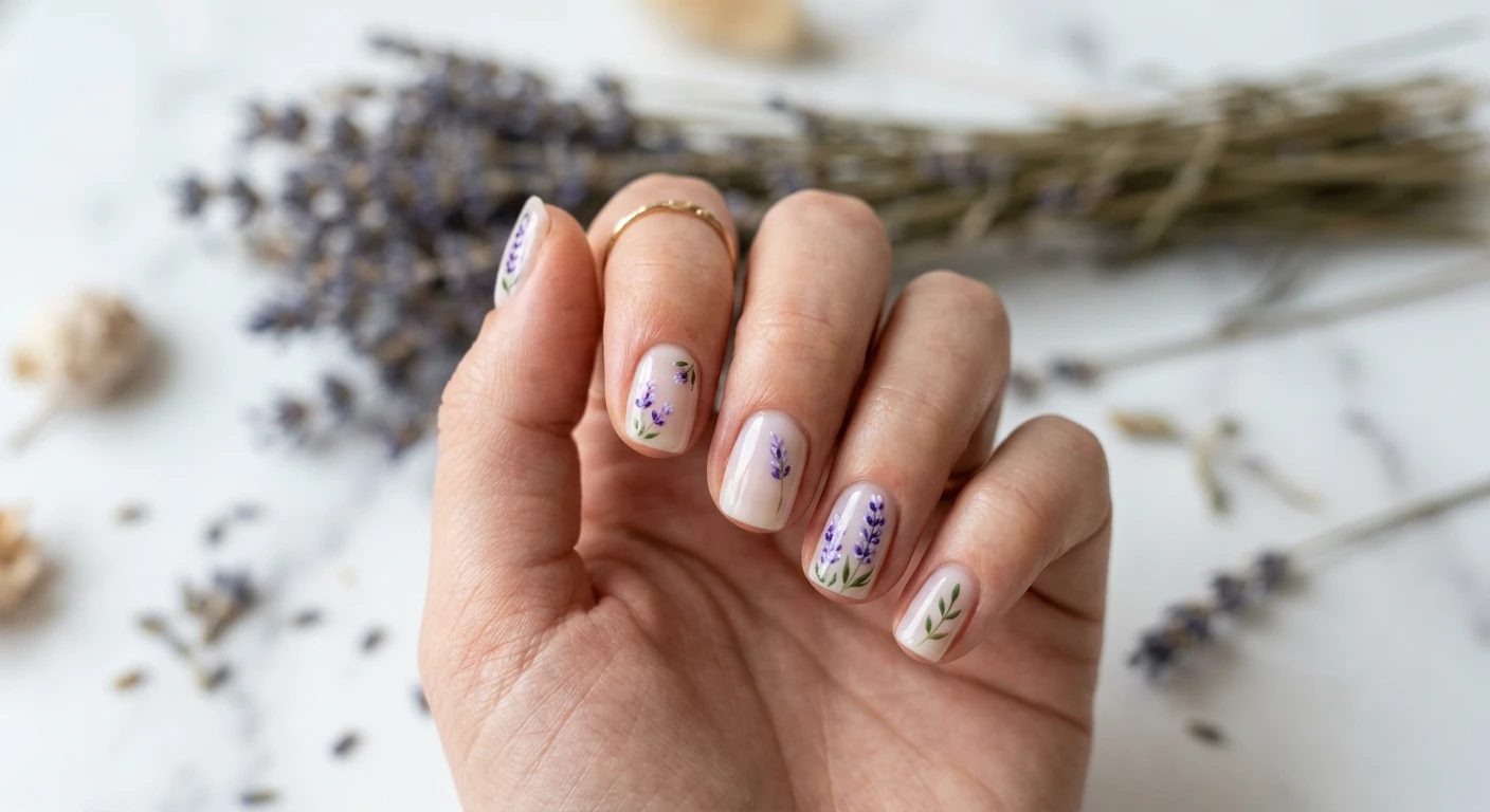 A beautiful macro photograph of one hand showing minimalist lavender botanical sprig nails in detail, featuring a milky translucent base adorned with tiny, hand-painted sprigs of lavender and subtle green leaves. High-resolution, sharp focus on the nails. Aesthetic background of blurred dried lavender stems lying on a bright, minimalist marble surface. Modern, Instagram-worthy photography style with soft natural sunlight. No faces visible, focus ONLY on the nails and hand., macro nail photography, high quality, Instagram-worthy, clean composition