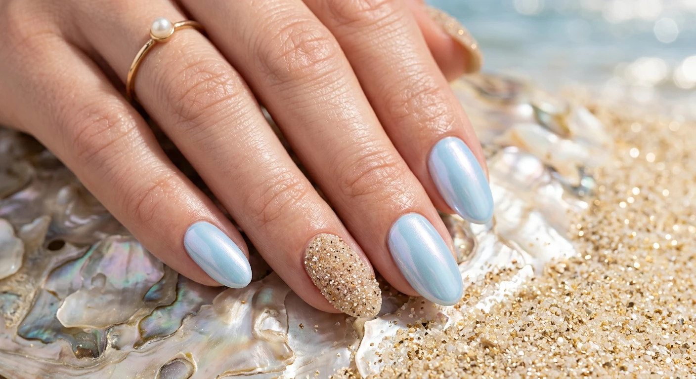 A beautiful macro photograph of one hand showing medium oval shape nails in detail. The design features iridescent pale baby blue polish with a pearlescent glazed chrome finish on the main fingers, and accent nails featuring an unsealed, textured tan and beige glitter to mimic the look and feel of wet beach sand. High-resolution, sharp focus on the nails. Aesthetic background featuring a shimmering mother-of-pearl shell texture and sparkling golden sand. Modern, Instagram-worthy photography style. No faces visible, focus ONLY on the nails and hand., macro nail photography, high quality, Instagram-worthy, clean composition