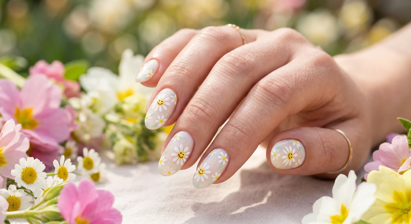A beautiful macro photograph of one hand showing medium-length oval nails painted with a soft, sheer milky cream base coat. Delicate, hand-painted white daisy flowers with bright yellow centers and tiny pale green leaves are scattered across the nails. Inside the yellow center of the largest daisy on each nail is a tiny, delicate black smiley face. High-resolution, sharp focus on the nails. The background is an aesthetic, sunlit spring garden with soft floral bokeh. Modern, Instagram-worthy photography style. No faces visible, focus ONLY on the nails and hand., macro nail photography, high quality, Instagram-worthy, clean composition
