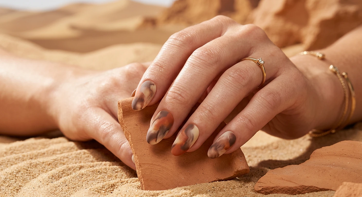 A beautiful macro photograph of one hand showing medium oval nails in detail, featuring an abstract, smoky tie-dye wash pattern blending warm mocha brown, soft beige, creamy vanilla, and deep terracotta orange with a smooth, velvet matte top coat. High-resolution, sharp focus on the nails, set against an aesthetic background of sun-drenched desert sand dunes and warm terracotta clay textures. Modern, Instagram-worthy photography style, no faces visible, focus ONLY on the nails and hand., macro nail photography, high quality, Instagram-worthy, clean composition