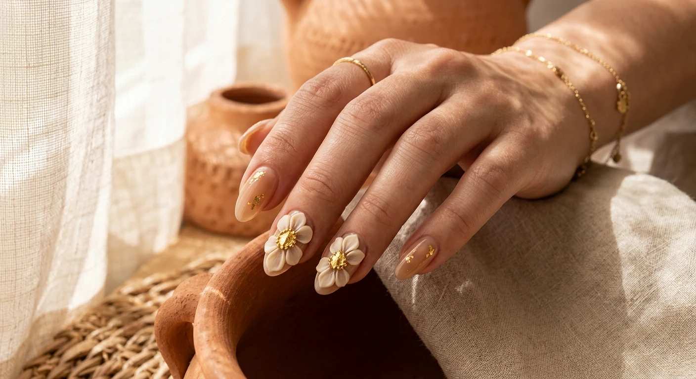 A beautiful macro photograph of one hand showing off a striking sheer tan manicure, highlighted by large, sculpted 3D statement flower petals with gleaming gold-leaf centers. High-resolution, sharp focus on the nails. The aesthetic background is composed of warm terracotta textures and soft, dappled sunlight filtering through sheer linen. Modern, Instagram-worthy photography style, rich earthy tones. No faces visible, focus ONLY on the nails and hand., macro nail photography, high quality, Instagram-worthy, clean composition