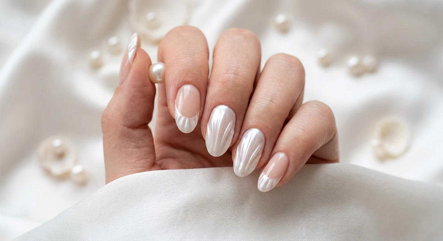 A beautiful macro photograph of one hand showing pearlescent seashell French tip nail art in sharp detail. The nails feature a glossy, glowing pearl-like finish on the tips with subtle 3D ridges resembling a seashell. High-resolution, sharp focus on the nails. Aesthetic background with blurred soft white silk and scattered loose pearls. Modern, Instagram-worthy photography style. No faces visible, focus ONLY on the nails and hand., macro nail photography, high quality, Instagram-worthy, clean composition