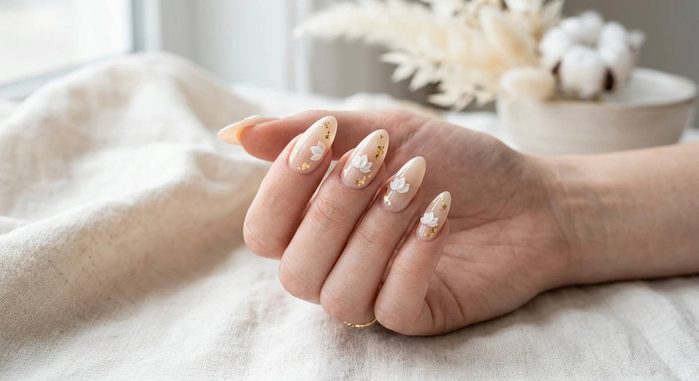 A beautiful macro photograph of one hand showing perfectly sculpted long almond nails in detail. The design is highly minimalist, featuring a sheer, milky beige foundation. A single, tiny 3D white lotus petal sits slightly off-center on each nail, surrounded by scattered pieces of genuine 24k gold foil pressed into the negative space. The background is an aesthetic, clean, bright minimalist setting related to a delicate whisper theme. High-resolution, sharp focus on the nails, modern Instagram-worthy photography style, no faces visible, focus ONLY on the nails and hand., macro nail photography, high quality, Instagram-worthy, clean composition