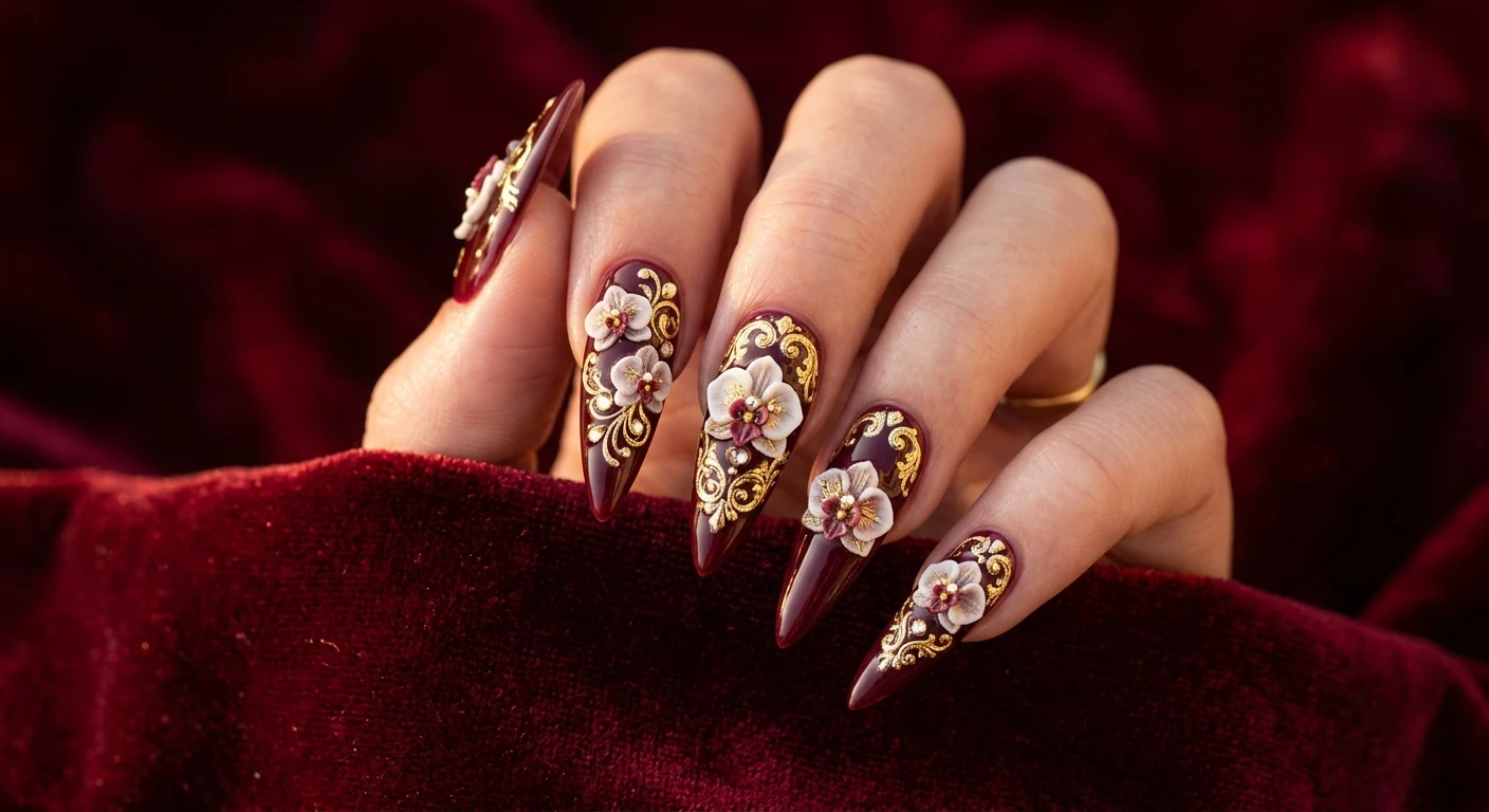 A beautiful macro photograph of one hand showing rich burgundy stiletto nails heavily accented with baroque-style gold foil and stunning raised 3D orchids. High-resolution, sharp focus on the nails. The hand is posed elegantly over a luxurious dark red velvet background with warm golden hour lighting. Modern, Instagram-worthy photography style, no faces visible, focus ONLY on the nails and hand., macro nail photography, high quality, Instagram-worthy, clean composition