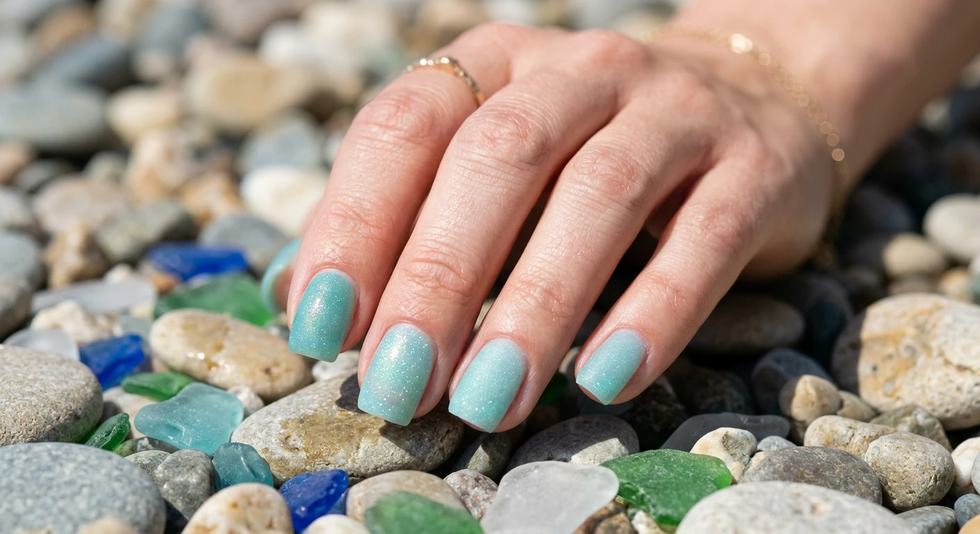 A beautiful macro photograph of one hand showing short, crisp square shape nails in detail. The design features translucent soft teal and pale turquoise jelly base colors with subtle shifting micro-shimmer embedded within, finished entirely with a frosted matte top coat to mimic tumbled glass. High-resolution, sharp focus on the nails. Aesthetic background featuring soft sunlit beach pebbles and scattered frosted sea glass pieces. Modern, Instagram-worthy photography style. No faces visible, focus ONLY on the nails and hand., macro nail photography, high quality, Instagram-worthy, clean composition