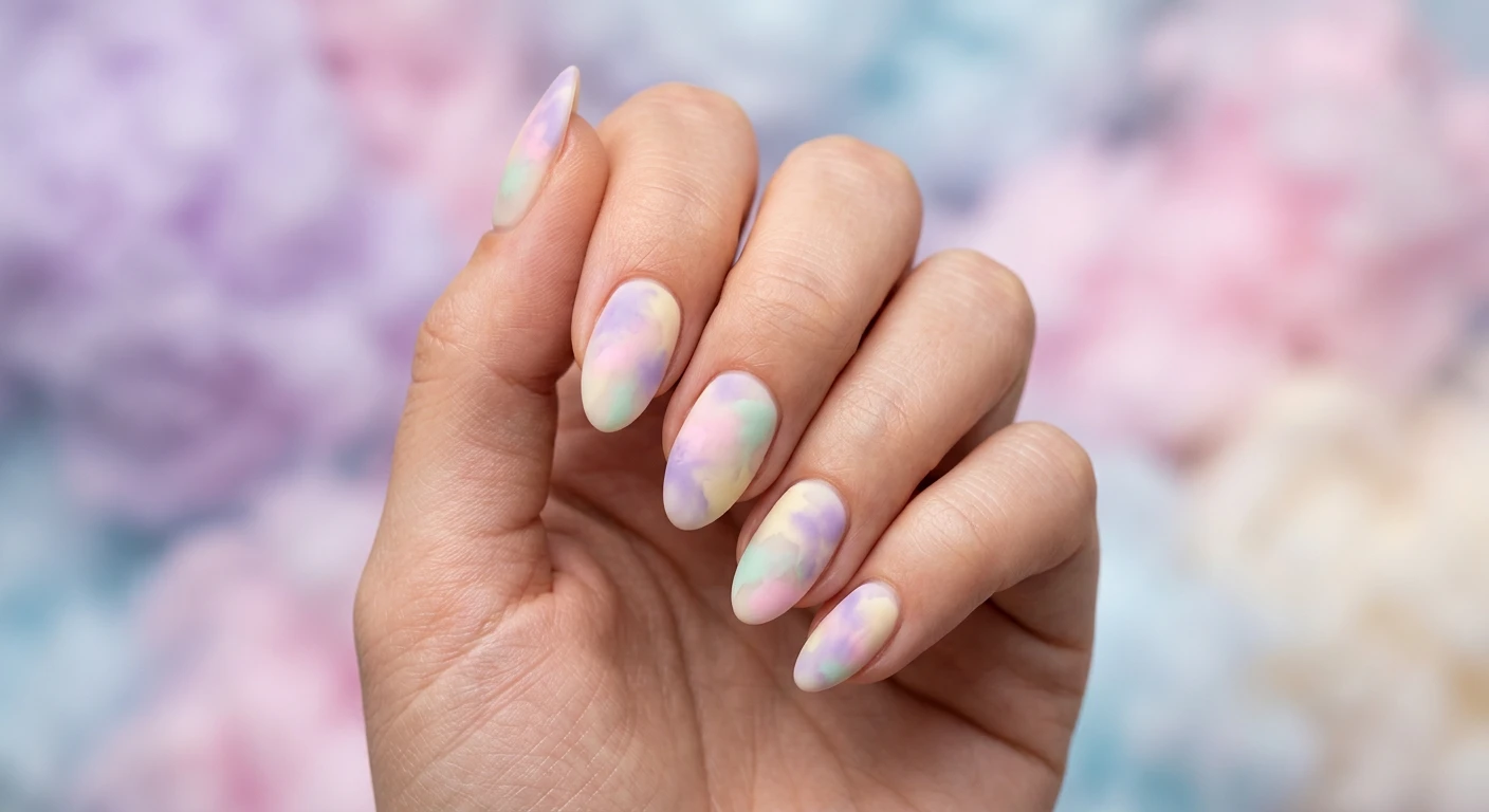 A beautiful macro photograph of one hand showing short, natural almond-shaped nails in detail, featuring a cloudy, diffused watercolor tie-dye effect in soft pastel lavender, baby pink, mint green, and pale butter yellow over a sheer cream base with a velvety matte finish. High-resolution, sharp focus on the nails, set against an aesthetic dreamy background of soft pastel cotton candy clouds. Modern, Instagram-worthy photography style, no faces visible, focus ONLY on the nails and hand., macro nail photography, high quality, Instagram-worthy, clean composition