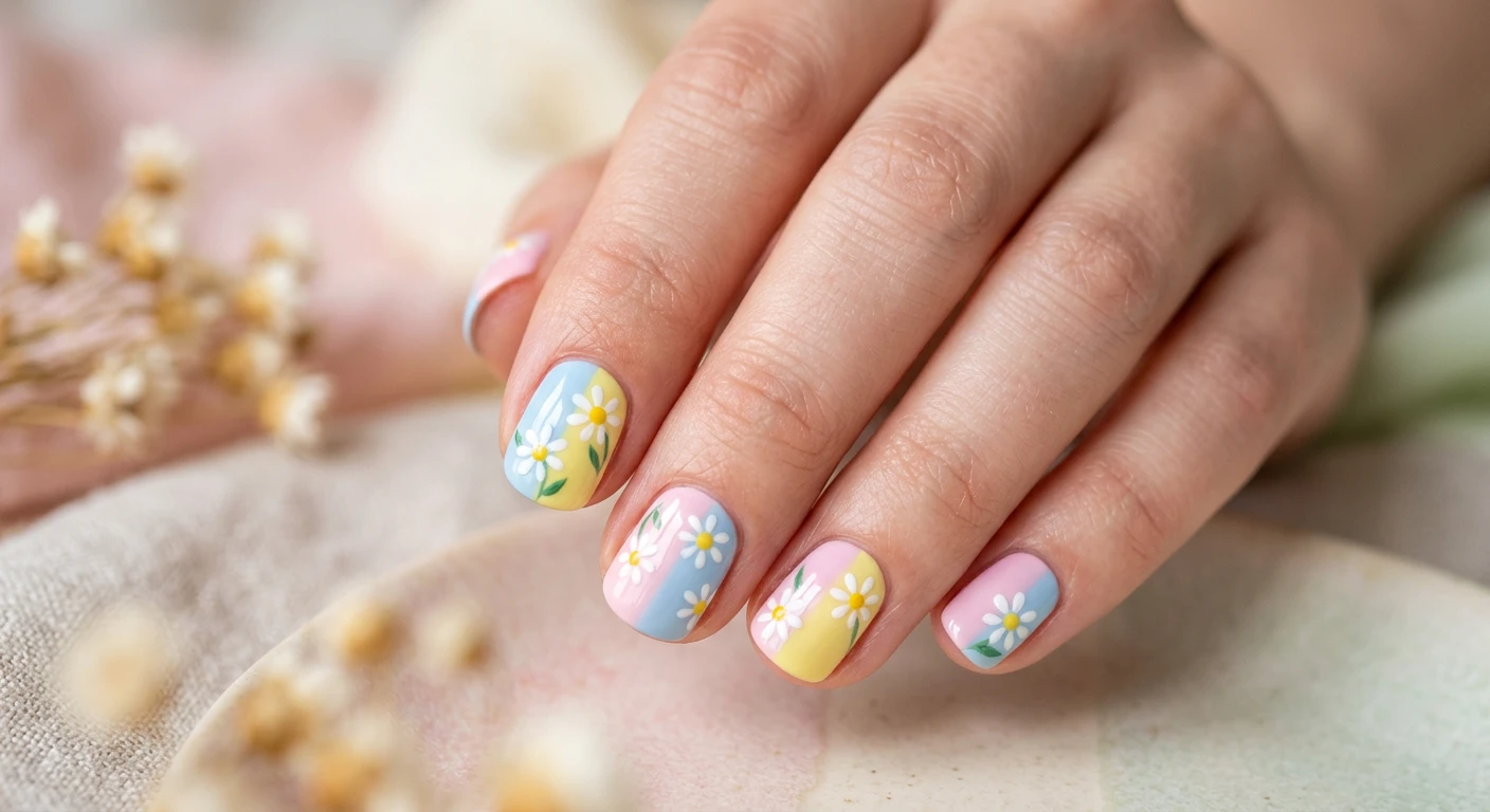 A beautiful macro photograph of one hand showing short, neat nails in detail, featuring a modern pastel color block design in soft pink, baby blue, and lemon yellow, decorated with tiny hand-painted daisies. High-resolution, sharp focus on the nails. Aesthetic pastel background with smooth matte textures and soft spring lighting. Modern, Instagram-worthy photography style, no faces visible, focus ONLY on the nails and hand., macro nail photography, high quality, Instagram-worthy, clean composition