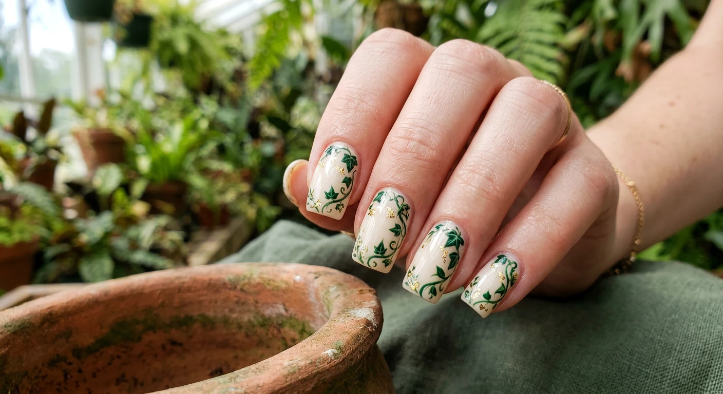 A beautiful macro photograph of one hand showing short, perfectly filed square nails in detail. The design features a glossy, translucent cream base with delicate, highly detailed emerald and forest green ivy vines creeping from the cuticles and wrapping down the sides, accented by tiny scattered gold foil flecks. High-resolution, sharp focus on the nails. Aesthetic background of out-of-focus lush botanical greenhouse foliage. Modern, Instagram-worthy photography style. No faces visible, focus ONLY on the nails and hand., macro nail photography, high quality, Instagram-worthy, clean composition