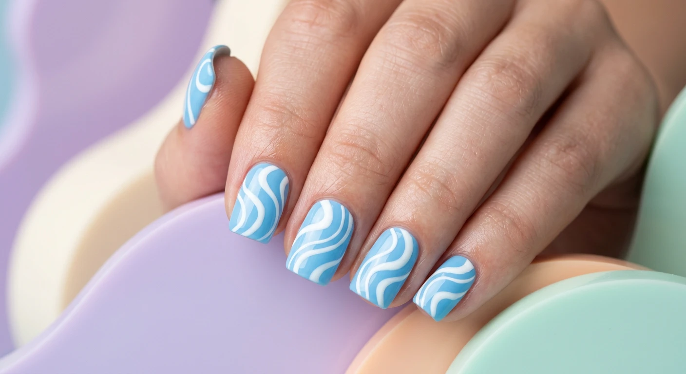 A beautiful macro photograph of one hand showing short, neat square nails in detail, no faces visible. The nails are coated entirely in a vibrant pastel sky blue polish with thick and thin abstract stark white swirls flowing seamlessly across each nail to create a retro, wavy 70s pattern. High-resolution, sharp focus on the nails. Modern, Instagram-worthy photography style resting against a cool, aesthetic background of smooth, curved retro acrylic props in soft pastel hues., macro nail photography, high quality, Instagram-worthy, clean composition