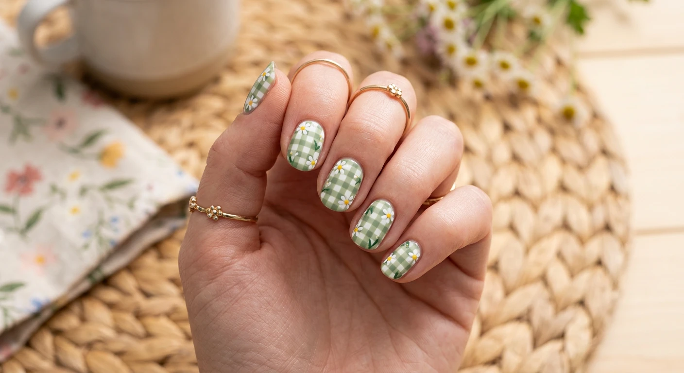 A beautiful macro photograph of one hand showing short, naturally shaped nails in detail, featuring a trendy sage green and white gingham checkerboard pattern with delicate scattered white daisies. High-resolution, sharp focus on the nails. Aesthetic spring picnic background with a subtle woven texture and soft natural daylight. Modern, Instagram-worthy photography style, no faces visible, focus ONLY on the nails and hand., macro nail photography, high quality, Instagram-worthy, clean composition