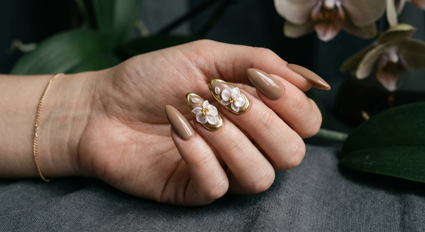 A beautiful macro photograph of one hand showing sharp, elongated almond nails in detail. The nails feature a rich, cool-toned tan solid base color with striking, raised 3D acrylic orchids in a soft pearl-white finish exclusively on the middle and ring fingers, framed by thick, bold gold-chrome accents. The background is an aesthetic, moody, elegant setting with subtle soft shadows related to an opulent orchid theme. High-resolution, sharp focus on the nails, modern Instagram-worthy photography style, no faces visible, focus ONLY on the nails and hand., macro nail photography, high quality, Instagram-worthy, clean composition