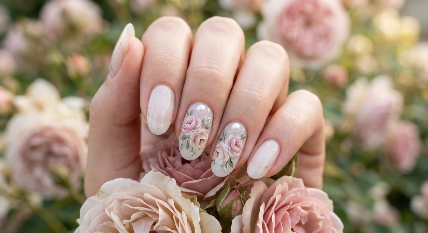 A beautiful macro photograph of one hand showing soft oval-shaped nails in detail. The nails feature a translucent milky white jelly base, highlighting intricate, hand-painted vintage pink cabbage roses with muted green leaves on the ring and middle fingers, finished with tiny 3D soft pearl embellishments at the base. High-resolution, sharp focus on the nails. Aesthetic background of a dreamy, soft-focus romantic rose garden with muted pink tones. Modern, Instagram-worthy photography style. No faces visible, focus ONLY on the nails and hand., macro nail photography, high quality, Instagram-worthy, clean composition