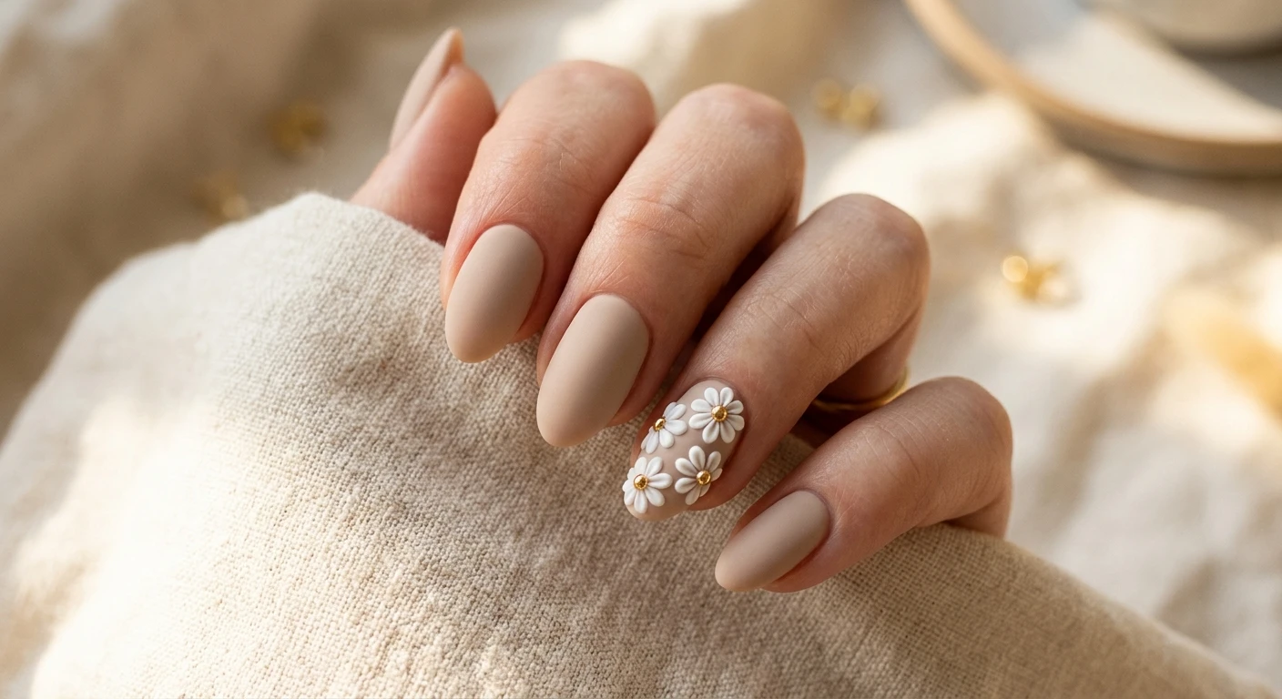 A beautiful macro photograph of one hand showing short-to-medium almond nails in detail. The design features a flawless, velvety matte neutral-beige base, with the ring finger acting as a dedicated accent nail adorned with three small, hand-sculpted 3D white daisies featuring tiny, reflective gold centers. The background is an aesthetic, cozy, sunlit soft linen setting related to a golden daisy dream theme. High-resolution, sharp focus on the nails, modern Instagram-worthy photography style, no faces visible, focus ONLY on the nails and hand., macro nail photography, high quality, Instagram-worthy, clean composition