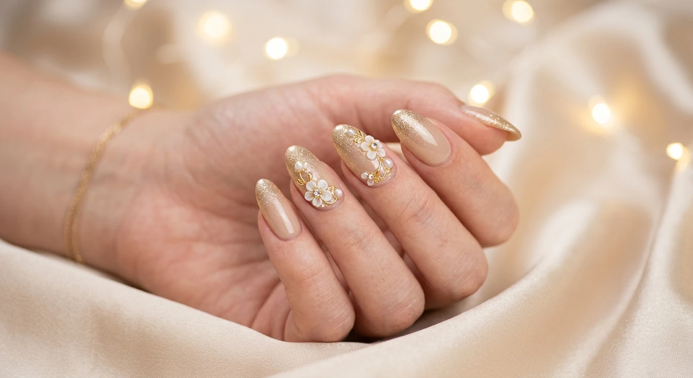 A beautiful macro photograph of one hand showing the nail design in detail, featuring a sophisticated champagne beige to sparkling gold gradient with delicate 3D floral accents. High-resolution, sharp focus on the nails. The hand rests gracefully against a soft, blurred background of draped silk champagne fabric and glowing warm bokeh lights. Modern, Instagram-worthy photography style, soft glamorous lighting. No faces visible, focus ONLY on the nails and hand., macro nail photography, high quality, Instagram-worthy, clean composition