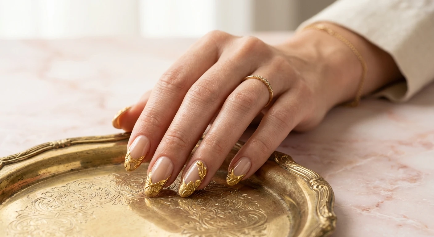 A beautiful macro photograph of one hand showing the nail design in detail, showcasing a modern French illusion manicure with a flawless sheer beige base and intricate 3D gilded gold petals framing the tips. High-resolution, sharp focus on the nails. The hand gently lightly touches a vintage gold tray against a minimalist blush-toned marble background. Modern, Instagram-worthy photography style, crisp natural daylight. No faces visible, focus ONLY on the nails and hand., macro nail photography, high quality, Instagram-worthy, clean composition