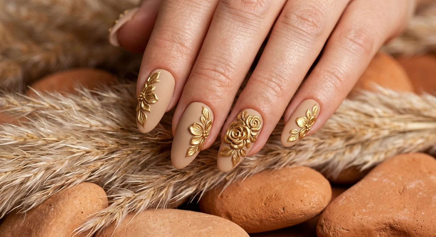 A beautiful macro photograph of one hand showing the nail design in detail, displaying a velvety matte sandy beige base adorned with highly textured, metallic gold 3D floral sculpting. High-resolution, sharp focus on the nails. The hand is elegantly posed over a backdrop of dried pampas grass and smooth, warm terracotta stones to complement the earthy garden theme. Modern, Instagram-worthy photography style, rich and warm aesthetic. No faces visible, focus ONLY on the nails and hand., macro nail photography, high quality, Instagram-worthy, clean composition