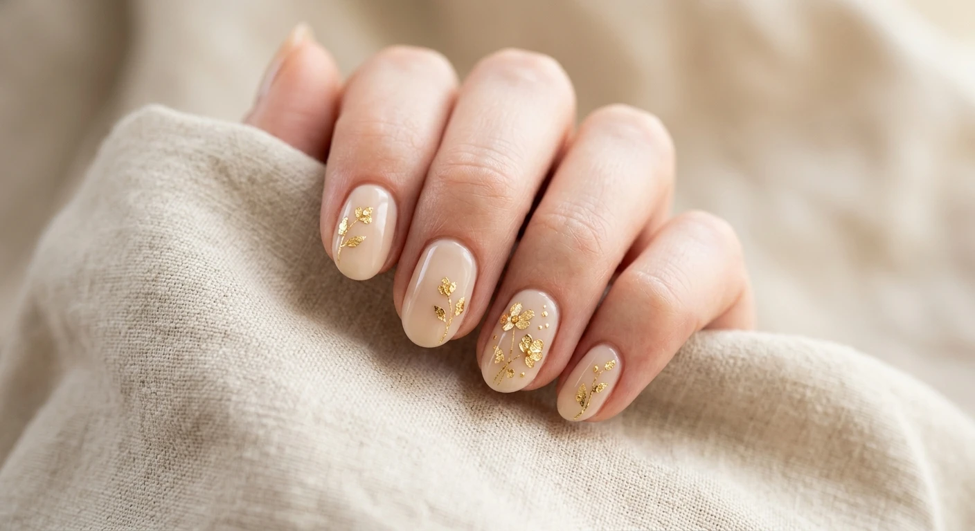 A beautiful macro photograph of one hand showing the nail design in detail, highlighting a creamy, milky beige polish with elegant, minimalist 3D floral blooms beautifully crafted from delicate gold leaf flakes. High-resolution, sharp focus on the nails. The hand rests softly on a smooth, draped beige linen cloth bathed in a soft, bright morning glow. Modern, Instagram-worthy photography style, clean and ethereal aesthetic. No faces visible, focus ONLY on the nails and hand., macro nail photography, high quality, Instagram-worthy, clean composition