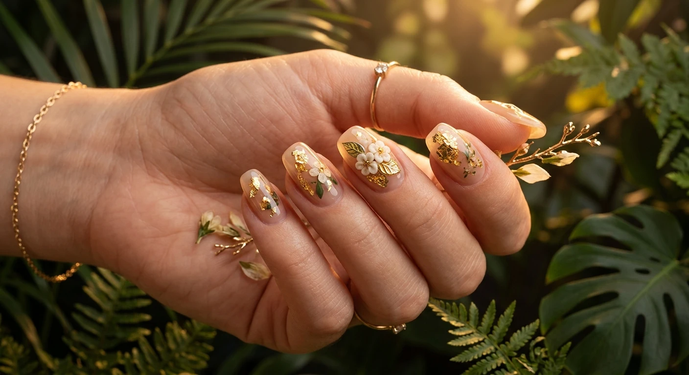 A beautiful macro photograph of one hand showing the nail design in detail, capturing a translucent, glass-like jelly beige base layered with striking 3D botanical florals and encapsulated gold foil. High-resolution, sharp focus on the nails. The hand catches the radiant, warm rays of golden hour sunlight against a subtly blurred background of shadowed tropical greenery. Modern, Instagram-worthy photography style, glowing and dynamic lighting. No faces visible, focus ONLY on the nails and hand., macro nail photography, high quality, Instagram-worthy, clean composition