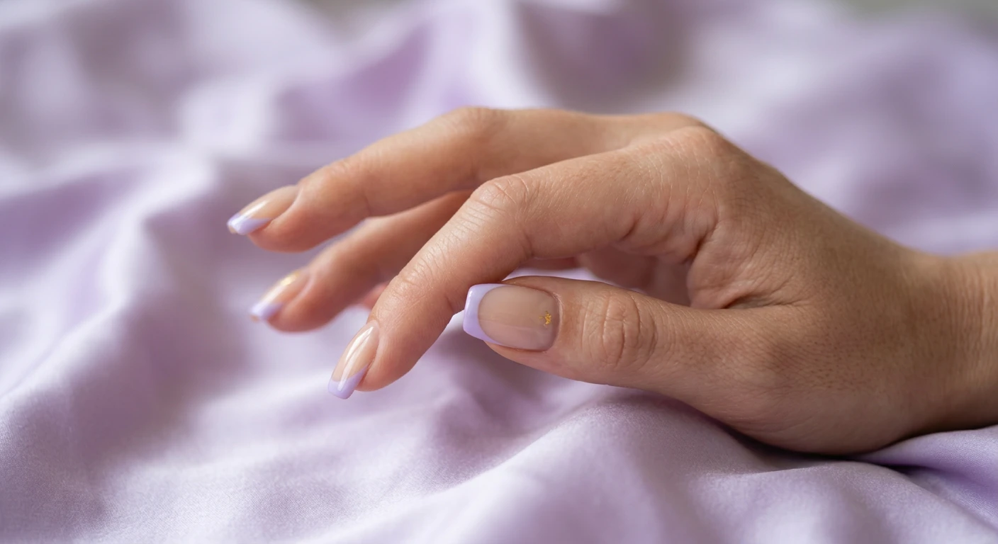 A beautiful macro photograph of one hand showing whispering lavender French tip nails in detail, featuring a sheer beige base with delicate, soft pastel lavender tips. High-resolution, sharp focus on the nails. Aesthetic background of soft, blurred pale purple silk sheets. Modern, Instagram-worthy photography style with natural lighting. No faces visible, focus ONLY on the nails and hand., macro nail photography, high quality, Instagram-worthy, clean composition