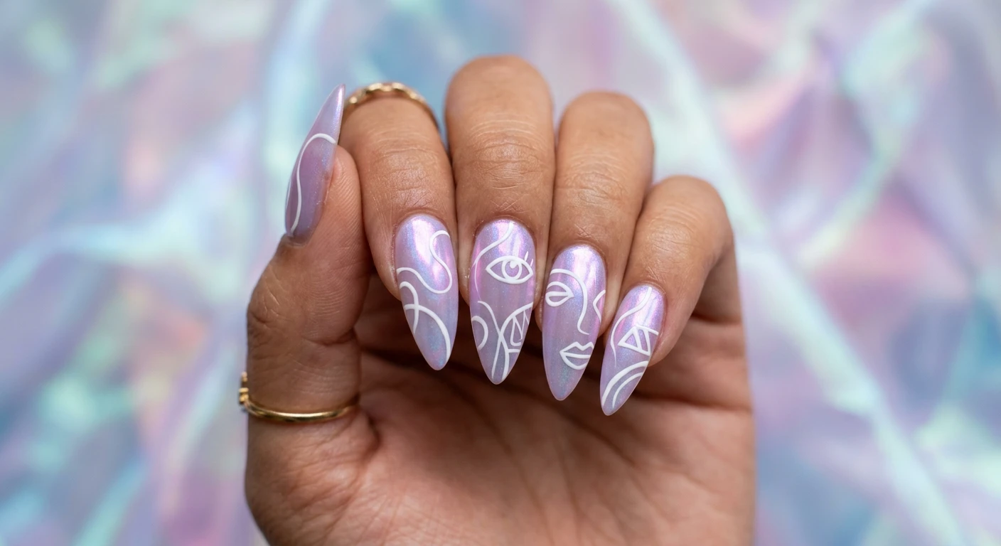 A beautiful macro photograph of one hand with fingers held closely together to reveal a unified abstract image. The medium-length stiletto nails feature a semi-sheer, iridescent lavender base that shifts delicately to pink and silver in the light. Bold, continuous contour line art in crisp, opaque white is painted across all five fingers, connecting seamlessly. High-resolution, sharp focus on the nails. Set against a dreamy, aesthetic background of soft holographic reflections and glowing draped chiffon. Modern, ethereal, Instagram-worthy photography style. No faces visible, focus strictly on the hand and nails., macro nail photography, high quality, Instagram-worthy, clean composition