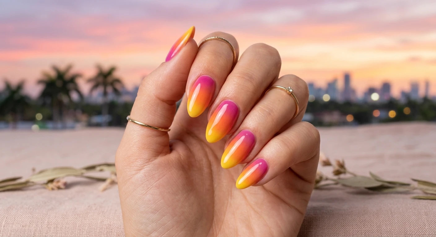 A beautiful macro photograph of one perfectly manicured hand presenting a vibrant nail design in high-resolution, sharp focus. The nails boast a super glossy, seamless ombré gradient starting with magenta pink at the cuticle, fading smoothly into juicy tangerine orange, and ending with bright sunshine yellow at the tips. No faces visible, focus ONLY on the nails and hand. Modern, Instagram-worthy photography style, set against an aesthetic, blurred backdrop of a retro Miami sunset with subtle pastel sky gradients., macro nail photography, high quality, Instagram-worthy, clean composition