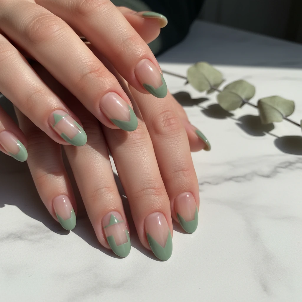 A clean, minimalist macro photograph of "Sage Negative Space" nail art. The design features a sheer, natural-beige base with geometric, sharp sage-green shapes painted near the cuticle and tips, leaving a clear "negative space" gap in the center of each nail. The hand is positioned against a bright, airy white marble surface with a few sprigs of dried eucalyptus in the blurred background. Bright, natural daylight, minimalist aesthetic., macro nail photography, high quality, Instagram-worthy, clean composition