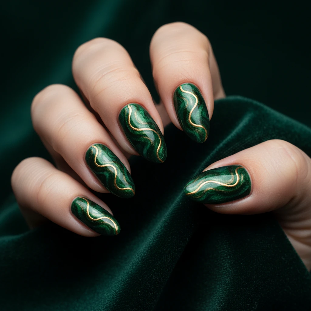 A close-up, sharp-focus macro photo of "Velvet Moss Swirls" nail art. The nails feature a deep, magnetic forest-green polish with a shimmering, fluid velvet-effect wave pattern running diagonally across the surface. A thin, golden-metallic line is hand-painted in an elegant swirl over the velvet texture. The hand is resting gently against a plush, dark green velvet fabric backdrop. Sophisticated, moody lighting, professional salon-quality photography., macro nail photography, high quality, Instagram-worthy, clean composition