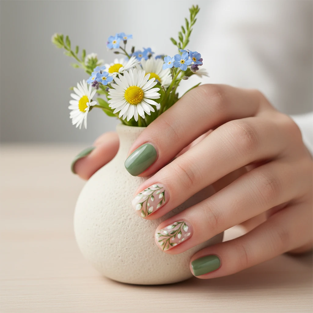 A detailed macro photograph of "Hand-Painted Floral Vine Accents." Four fingers are coated in a solid, opaque mossy sage green, while the ring finger serves as an accent nail with a delicate, intricately hand-painted trailing green vine and tiny white flower buds. The hand is holding a small, aesthetic ceramic vase filled with fresh spring wildflowers. Soft, diffused lighting, elegant and feminine composition, high resolution., macro nail photography, high quality, Instagram-worthy, clean composition