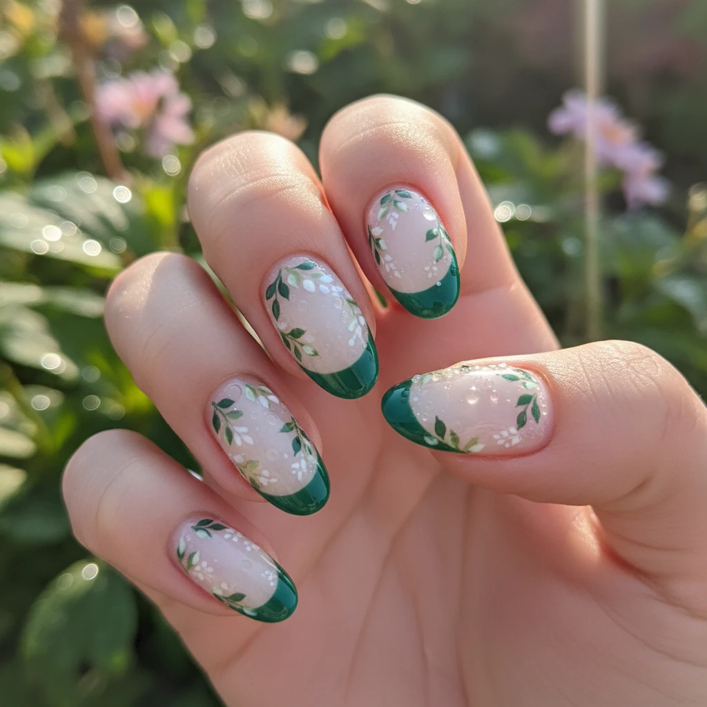 A high-resolution macro shot of a hand with "Dew-Kissed Botanical French" nails. The base is a milky, semi-sheer white with crisp, emerald-green French tips. Tiny, hand-painted delicate leaf motifs are scattered along the tips. The nails have a subtle, glossy "dewdrop" 3D gel texture on the surface. The background is a soft-focus, sun-drenched garden with morning dew glistening on nearby foliage. Modern, aesthetic Instagram style, sharp focus on the nail edges., macro nail photography, high quality, Instagram-worthy, clean composition