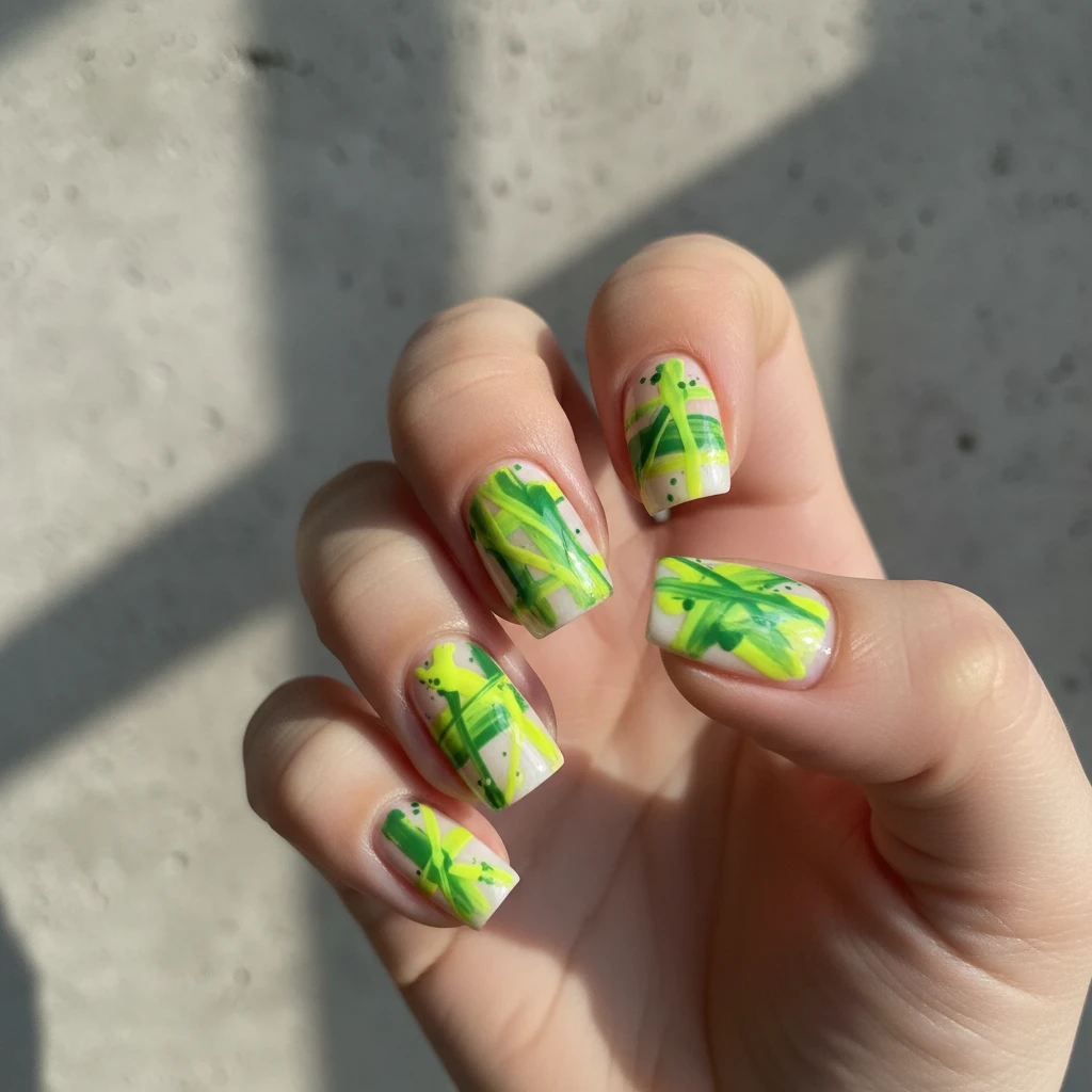 A vibrant macro shot of "Electric Chartreuse Abstract Art" nails. The design features a semi-sheer base with bold, chaotic, and artistic splashes of neon chartreuse and lime-green polish. The look is modern and high-fashion, with some translucent layering that creates depth. The hand is posed against a contemporary, textured concrete wall with soft shadows. Sharp focus on the glossy, high-shine finish of the abstract polish strokes., macro nail photography, high quality, Instagram-worthy, clean composition