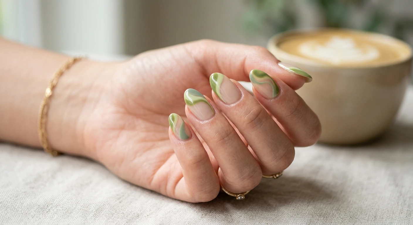 Beautiful macro photograph of one hand displaying short almond shape nails, high-resolution, sharp focus. The design features a soft, sheer beige base coat with fluid, abstract swirls of creamy matcha green and muted sage concentrated near the tips and outer side edges, leaving the center sheer and glossy for a negative space effect. Aesthetic background of soft diffused light and a blurred matcha latte. Modern, Instagram-worthy photography style. No faces visible, focus ONLY on the nails and hand., macro nail photography, high quality, Instagram-worthy, clean composition