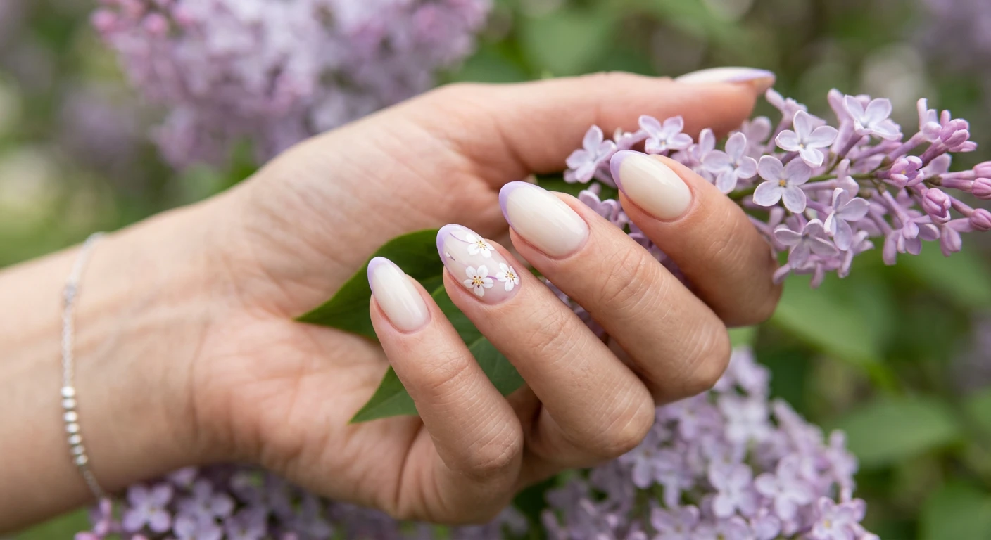 Beautiful macro photograph of one hand displaying short almond shape nails, high-resolution, sharp focus. The design features a translucent cream base accented with delicate, ultra-thin lilac purple French tips. The ring finger accent nail showcases three tiny, hand-painted white cherry blossoms with minuscule yellow dotted centers gently overlapping the purple tip line. Aesthetic background of blurred soft spring lilacs. Modern, Instagram-worthy photography style. No faces visible, focus ONLY on the nails and hand., macro nail photography, high quality, Instagram-worthy, clean composition