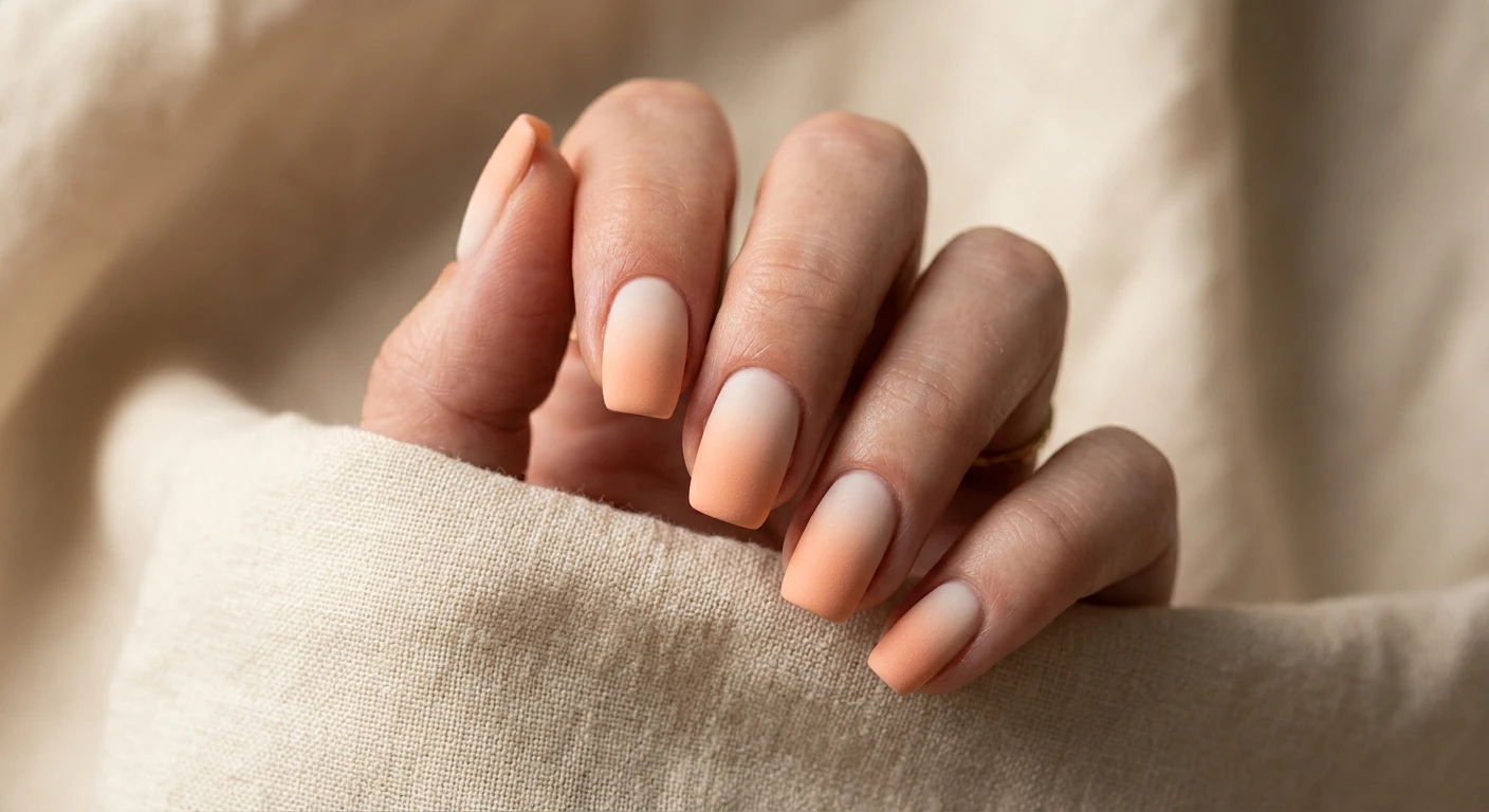 Beautiful macro photograph of one hand displaying a flawless matte peach and cream ombre nail design, blending seamlessly from a milky cream base into a soft, velvety peach tip. High-resolution, sharp focus on the matte texture of the nails. Aesthetic background of warm, creamy beige linen with gentle, moody shadows. Modern, Instagram-worthy photography style. No faces visible, focus strictly on the nails and hand., macro nail photography, high quality, Instagram-worthy, clean composition