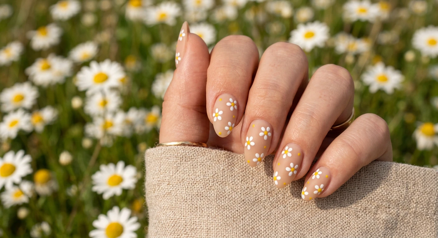 Beautiful macro photograph of one hand displaying short almond shape nails, high-resolution, sharp focus. The design features a natural translucent tan base with three to four scattered ultra-tiny painted daisies per nail, each having five crisp white dotted petals and a vibrant yellow center, all sealed in a smooth matte topcoat. Aesthetic background of a blurred sunlit daisy field or woven linen. Modern, Instagram-worthy photography style. No faces visible, focus ONLY on the nails and hand., macro nail photography, high quality, Instagram-worthy, clean composition