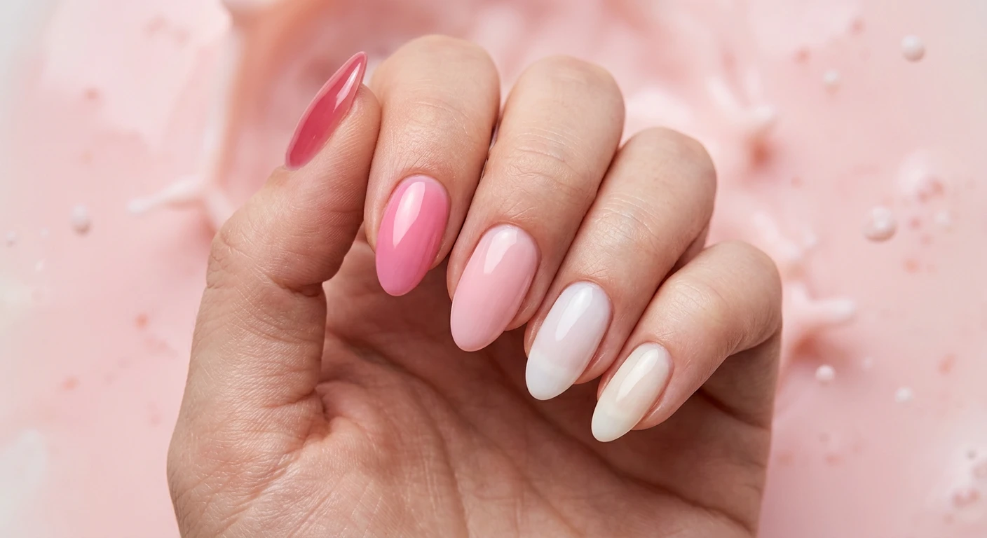 Beautiful macro photograph of one hand displaying short almond shape nails, high-resolution, sharp focus. The design is a monochromatic skittle manicure where each finger is painted a slightly different solid, semi-translucent color, creating a seamless gradient from thumb to pinky: a rich jelly strawberry pink, a medium bubblegum pink, a soft blush, a milky white, and a sheer cream. Aesthetic background of splashed strawberry milk and soft pastel pink tones. Modern, Instagram-worthy photography style. No faces visible, focus ONLY on the nails and hand., macro nail photography, high quality, Instagram-worthy, clean composition