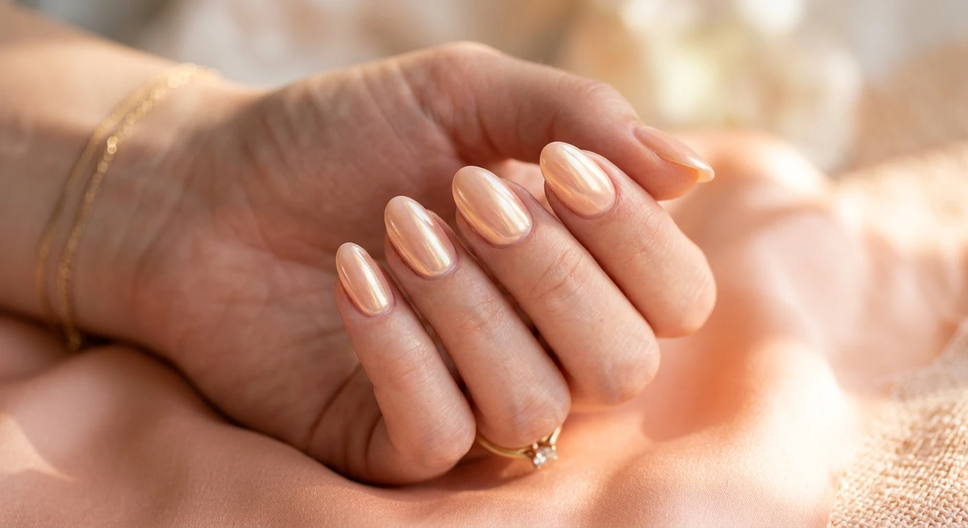 Beautiful macro photograph of one hand featuring classic glazed peach donut nails, showing off a pearlescent, translucent soft peach chrome finish in exquisite detail. High-resolution, sharp focus on the manicured nails. Aesthetic background of gently blurred soft peach silk drapery catching warm sunlight. Modern, Instagram-worthy photography style. No faces visible, focus strictly on the nails and hand., macro nail photography, high quality, Instagram-worthy, clean composition