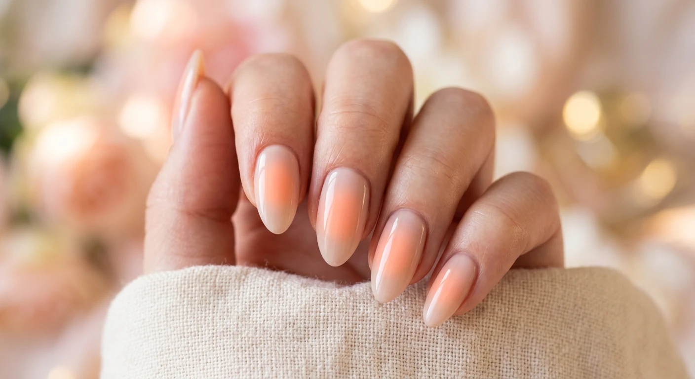 Beautiful macro photograph of one hand featuring subtle peach aura nails, showcasing a glowing, diffused gradient of soft peach radiating outward from the center of a neutral pinkish-beige base. High-resolution, sharp focus on the nails. Aesthetic background of dreamy, hazy warm light and subtle pastel bokeh. Modern, Instagram-worthy photography style. No faces visible, focus only on the nails and hand., macro nail photography, high quality, Instagram-worthy, clean composition