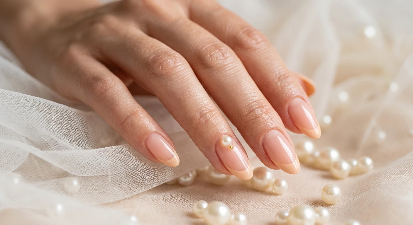 Beautiful macro photograph of one hand showcasing a chic manicure with soft peachy French tips and a tiny, elegant 3D pearl accent delicately placed near the cuticle of the ring finger. High-resolution, sharp focus on the nails. Aesthetic background featuring softly out-of-focus white tulle and scattered loose pearls. Modern, Instagram-worthy photography style. No faces visible, focus solely on the nails and hand., macro nail photography, high quality, Instagram-worthy, clean composition
