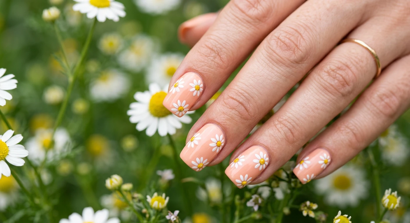 Beautiful macro photograph of one hand showing a glossy, solid soft peach nail polish base adorned with tiny, hand-painted delicate white daisies with yellow centers. High-resolution, sharp focus on the intricate nail art details. Aesthetic background of softly blurred fresh spring greenery and subtle real chamomile flowers. Modern, Instagram-worthy photography style. No faces visible, focus entirely on the nails and hand., macro nail photography, high quality, Instagram-worthy, clean composition