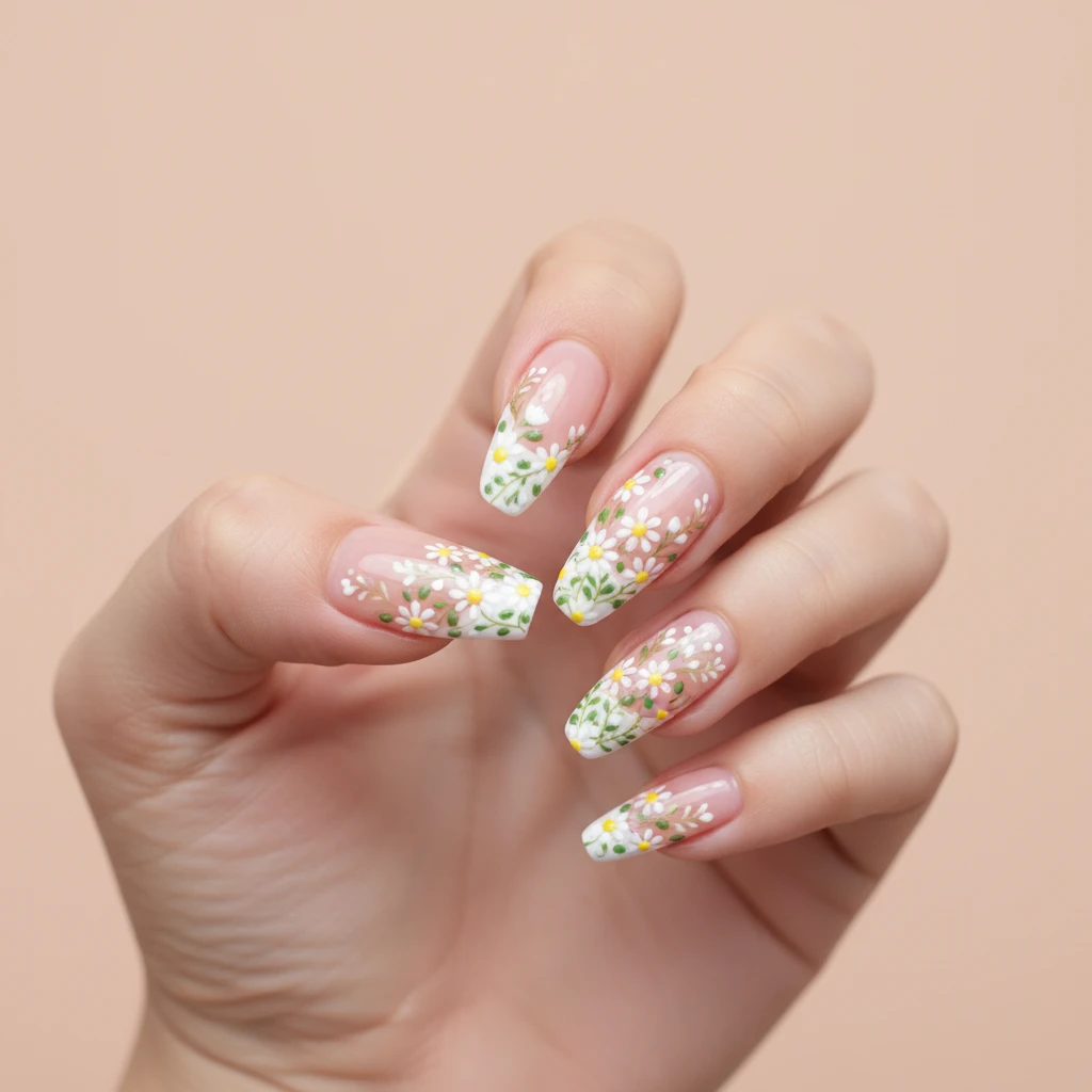 **The French Tip Flower Garden:** A detailed macro capture of a classic French manicure base with elongated white tips. Instead of the traditional line, the tips are adorned with a lush "garden" of miniature daisy illustrations. The hand is positioned against a clean, aesthetic pastel peach background, with soft natural light highlighting the glossy topcoat finish., macro nail photography, high quality, Instagram-worthy, clean composition