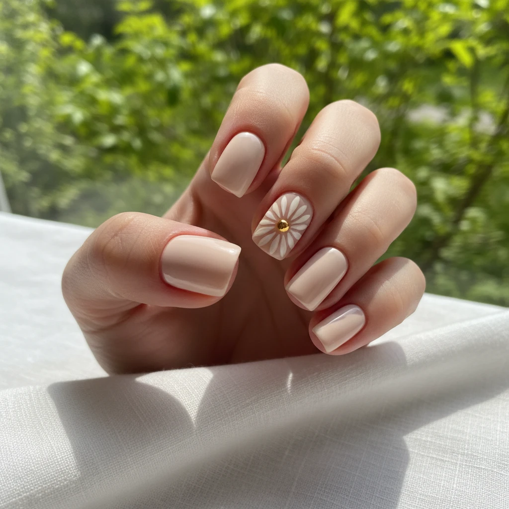 **The Minimalist Cream Petal Accent:** A macro, high-resolution shot of a hand with a soft, milky-beige base coat. A single, delicate, hand-painted cream-colored daisy sits as an accent on the ring finger, featuring a tiny gold dot in the center. The hand is resting gracefully on a sun-drenched white linen tablecloth, with blurred soft-focus spring greenery in the background., macro nail photography, high quality, Instagram-worthy, clean composition